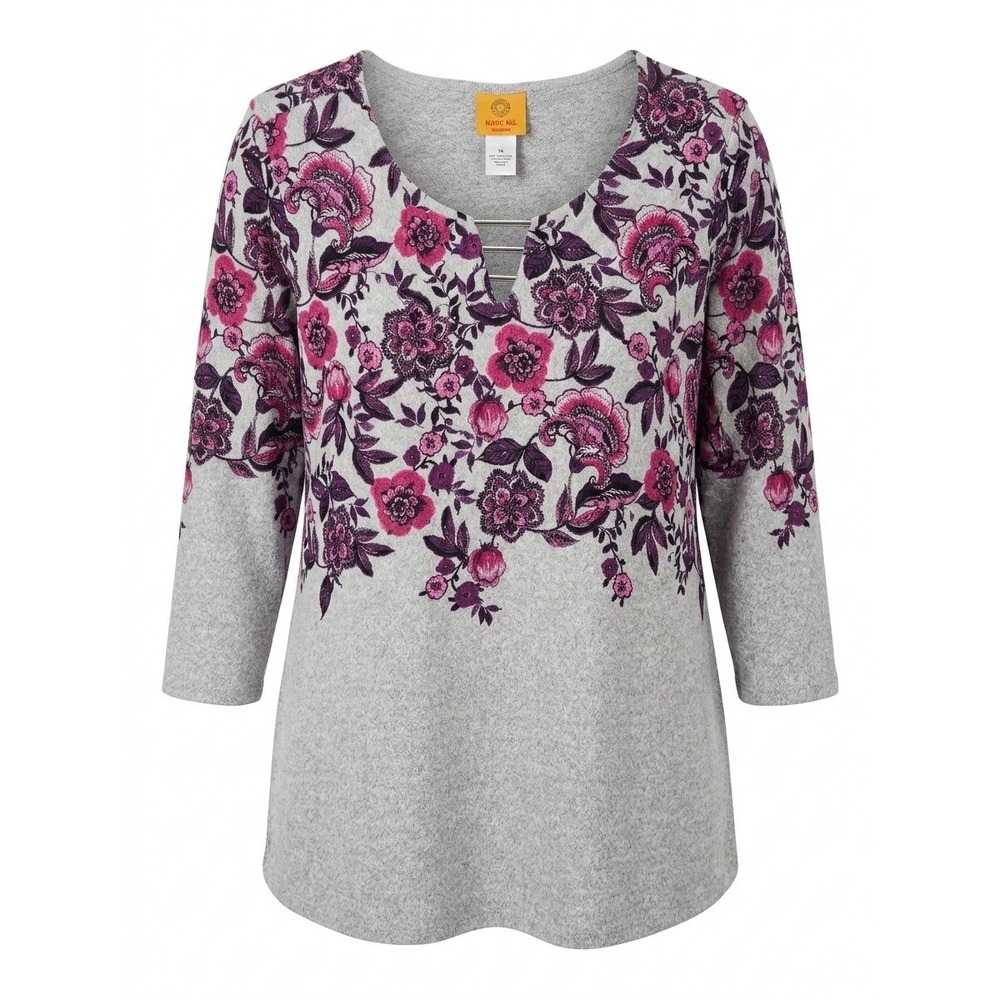 NEW Ruby Rd Woman 2X Gray Pink Floral Flannel Knit‎ Top 3/4 Sleeve V-Neck Road